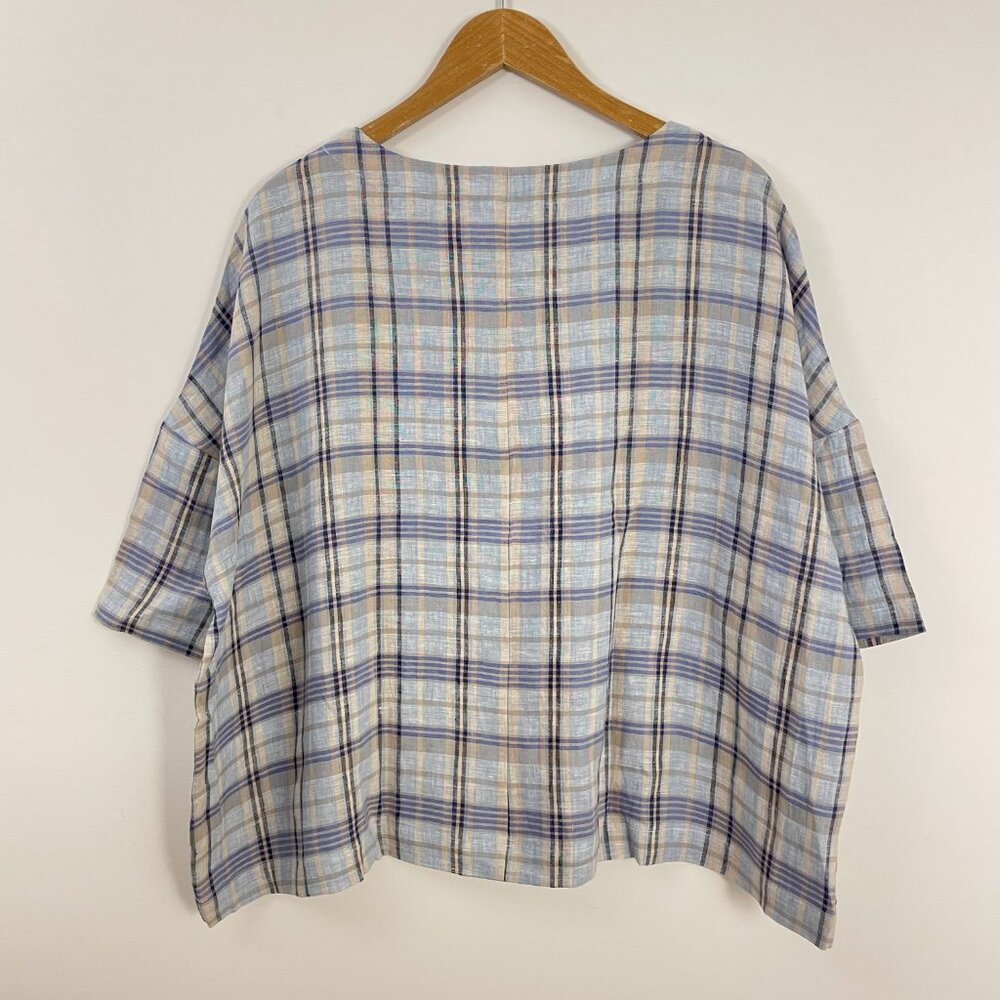 Lintico Aurora Linen Gingham Checked Boatneck 3/4 Sleeve Top - Picture 4 of 12
